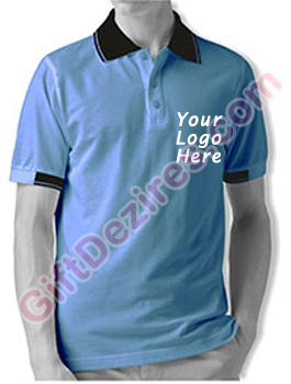 Designer Sky Blue and Black Color T Shirts With Company Logo